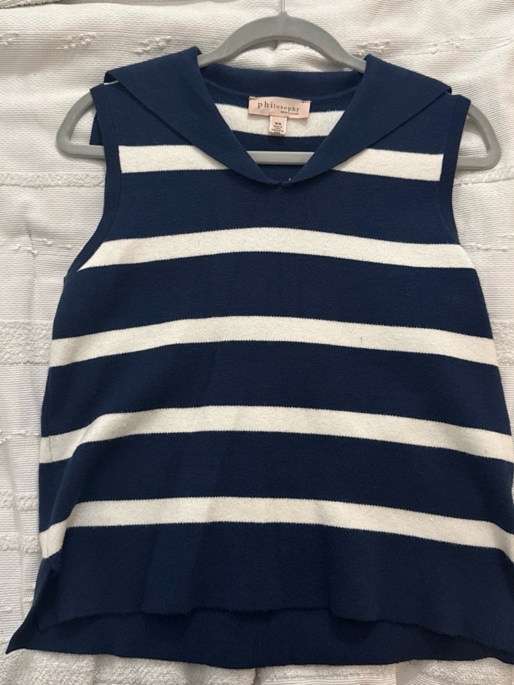 Philosophy Navy and White Striped Sleeveless Hooded Top